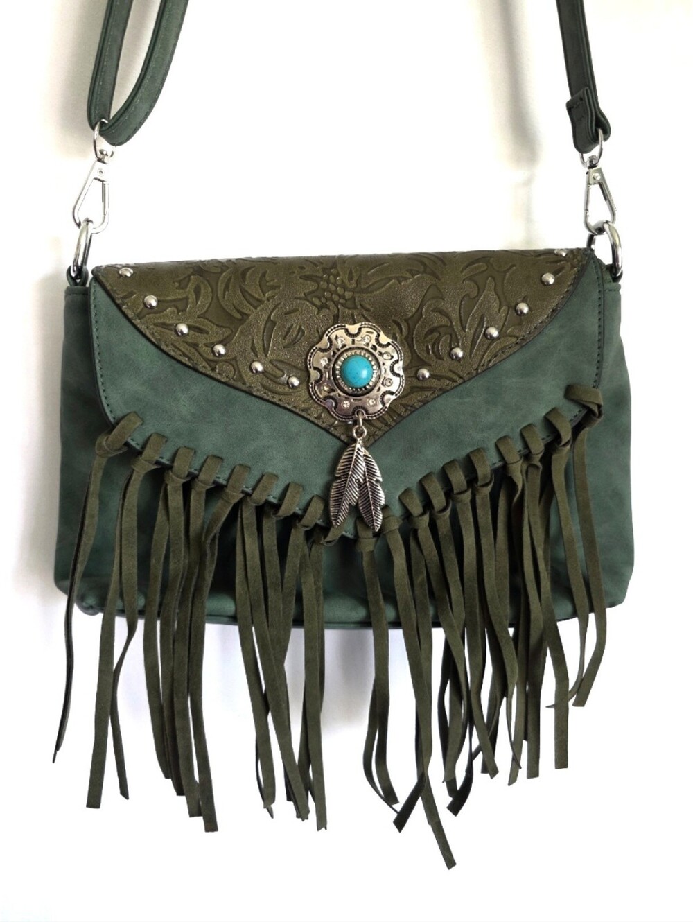 Nwot LAVAWA Green Fringe Concho Studded Crossover Bag